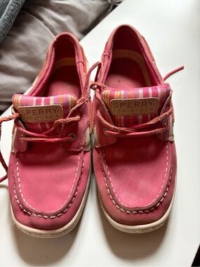 Sperry Kids Hot Pink Leather Boat Shoes with Striped Tongue